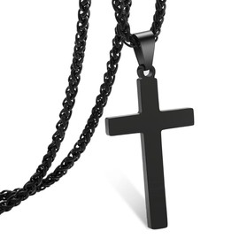 Stainless Steel Cross Pendant Necklace with Black Chain, Religious Jewellery