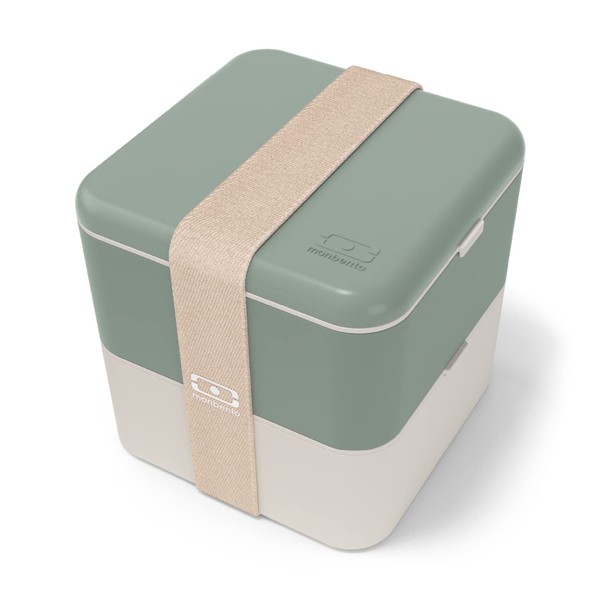 monbento - MB Square Natural Green Bento Box - Large Lunch Box with Compartments - Airtight Lunch Box 2 Tier - Ideal for Work/School - BPA Free - Durable and Safe - Made in France - Green