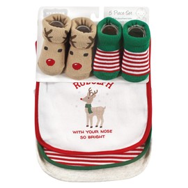 Hudson Baby Unisex Baby Cotton Bib and Sock Set, Rudolph, One Size