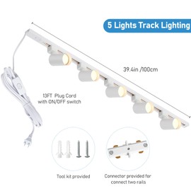 Hiiglxii Plug in Track Lighting with Power Cord, 5-Light LED Track Lighting Kit with 39in Rail, Modern Kitchen GU10 Track Lighting Fixtures Plug in Ceiling Light with 13FT Plug Cord, White (No Bulbs)