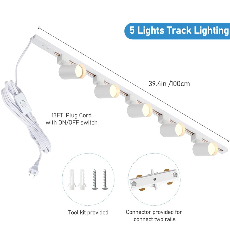 Hiiglxii Plug in Track Lighting with Power Cord, 5-Light LED