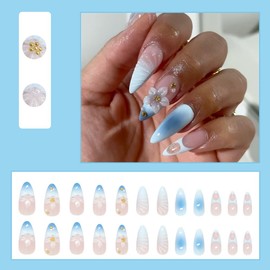 24 Pcs Press on Nails Short Almond Summer Nail Tips,YEFIUO Acrylic Nail Kit Ombre Fake Nails Press ons Glue on Nails Full Cover Reusable Blue French 3D Flowers False Nails Stick on Nails Art for Ma'am