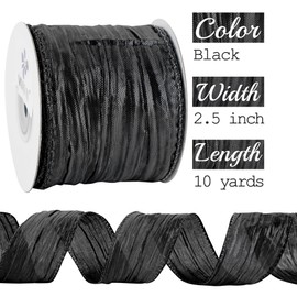 MEEDEE Black Metallic Wired Ribbon 2.5 Inch Metallic Black Trim Crinkle Wired Ribbon Black Thick Ribbon for Gift Wrapping, Christmas Tree, Wreath Supplies, Large Bow Making (10 Yards)