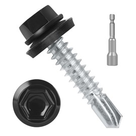 #10 x 1 (50 PCS) Black Metal Roofing Screws with Rubber Washer, Hex Head Metal to Wood Self Tapping Siding Screws, Self Drilling Sheet Metal Screw, Hex Bit Socket Included