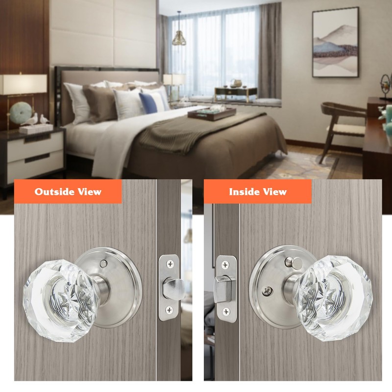 Solidware Glass Crystal Door Knob, Modern Design Door Lockset, Satin
