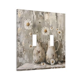 Annisrak Decorative Switch Plates Vintage Rustic Floral White Daisy Flower Oil Painting Style 2 Gang Double Toggle Outlet Light Switch Cover Wall Plate Electrical Faceplate for Home Farmhouse Decor