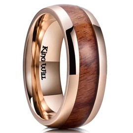 King Will NATURE Koa Wood Inlay Titanium Wedding Ring 8mm Gold Plated Dome Style High Polished Comfort Fit S (9.5)