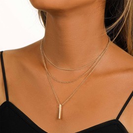 Yienate Boho Gold Layered Bar Neckalce Vintage Vertical Bar Pendant Necklace Skinny Bar Stacking Necklace Choker Statement Multilayer Bar Choker Necklace Jewelry for Women and Girls