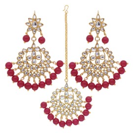 I Jewels Indian Bollywood Gold Plated Beaded Ethnic Stylish Party Wear Earring Set with Maang Tikka for Women (TE7058), Diamond Pearl, not-applicable