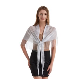 JK Home Lightweight 190x60cm Glitter Metallic Triangle Scarf with Tassels for Women, Sparkling Pashmina Shawls Wraps Hijab for Wedding Evening Parties