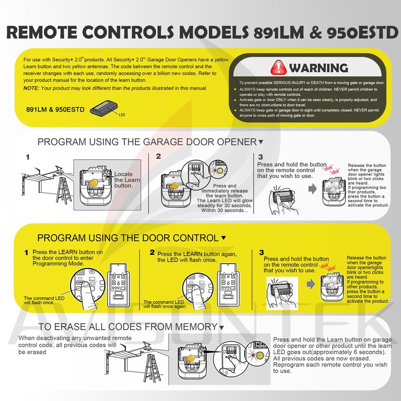 2 for 950ESTD Chamberlain Garage Door Opener Remote, Yellow Learn