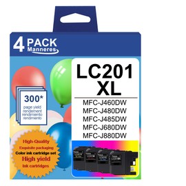 LC201 LC203XL Ink Cartridges High Yield(Black, Cyan, Magenta, Yellow, 4-Pack) - LC201BK LC201CL Ink Cartridges Replacement for Brother LC201 Ink Cartridges MFC-J460DW MFC-J480DW MFC-J485DW Printer