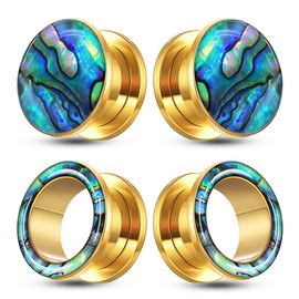 BOKABOO 2 Pairs Abalone Pearl Shell Stainless Steel Ear Gauges Plugs and Tunnels, 3/4 Gauges for Ears, Gold Surgical Steel Ear Stretcher Expander Body Jewelry