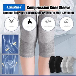 Canlaten·U Bamboo Charcoal Compression Knee Sleeve - Elastic Knee Braces Pads Warmers Protective Knee Support for Arthritis and Runners (Gray+Black, Medium)
