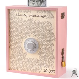 Mczxon 10000 Money Saving Box with Lock, Large Wooden 10k Savings Challenge Box $10,000 Reusable Coin Money Challenge Cash Pink Saving Box Saver Tracker Number Piggy Bank for Adults Kids, Pink