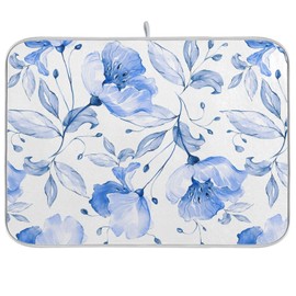 Spring Blue Flowers Leaves Dish Drying Mat for Kitchen Counter Absorbent Microfiber Drying Pad, Large 18x24 in, Reversible Drainer Mats