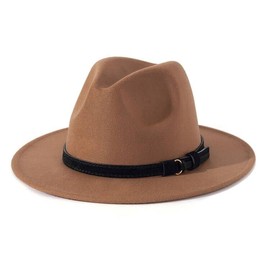 Lisianthus Men & Women Vintage Wide Brim Fedora Hat with Belt Buckle (B-Khaki, L; Hat Circumference: 59-60cm (for Men))