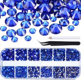 TecUnite 2000 Pieces Flat Back Gems Round Crystal Rhinestones 6 Sizes (1.5-6 mm) with Pick Up Tweezer and Rhinestones Picking Pen for Crafts Nail Face Art Clothes Shoes Bags DIY (Royal Blue)