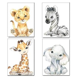 Baby Watercolor Animals Wall Art Prints Set of 4 (8x10,Unframed),Tiger Elephant Zebra Giraffe Safari Animals Pictures Nursery Decor Art