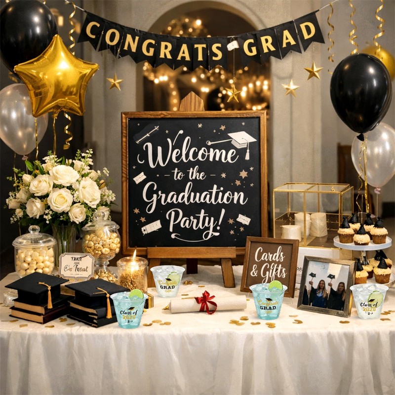 100 Pcs Graduation Cups 9oz Black Gold Class of 2026