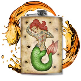 Tattooed Mermaid Rocker Flask - Flasks For Liquor For Men - Flasks For Liquor For Women - Flask For Women - Cool Gifts For Women And Men - 8 Oz Stainless Steel Flask - Hip Flask - Trixie and Milo