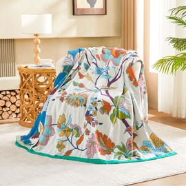 XIBLC Summer Throw Blanket, 80"x90" Reversible Bohemian Flower Blanket, 100% Cotton Muslin Breathable Woven, Farmhouse Decorative Throw Blanket