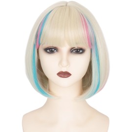 Miss U Hair Short Straight Blonde Bob Wig with Blue Pink Streaks Ombre Wig with Bangs for Cosplay Halloween