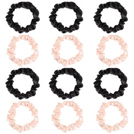 12Pcs Satin Elastic Hair Scrunchies, Silk Satin Hair Ties Elastics Ponytail Holders for Women Girls Valentine's Day Gifts (Blush,Black)