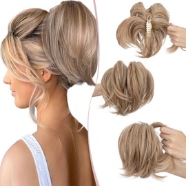 SEGO Pro Claw Clip Short Ponytail Hair Extensions Messy Bun Hair Piece Pony Tails Hair Extensions with Bendable Metal Wire Hair Pieces DIY Style 8 Inch 27H613 Dirty Blonde & Light blonde
