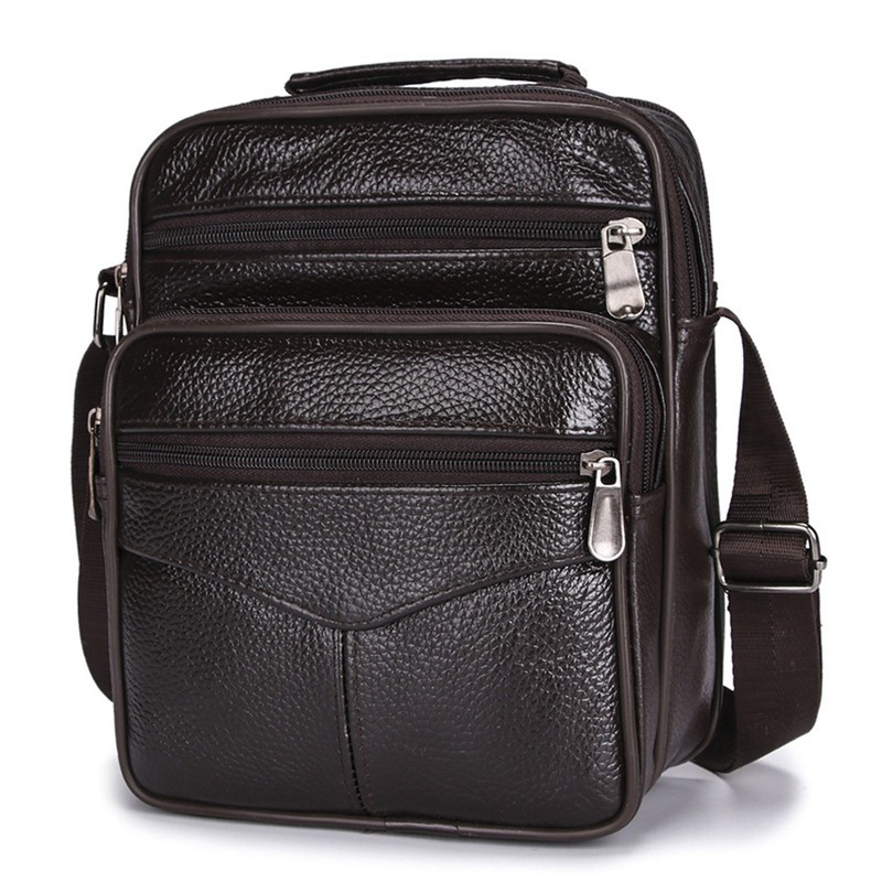 Business Shoulder Bag Black Cowhide Metal Zippers Large Capacity Business
