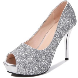 [Lopis] Legs Long, Beautiful Legs Pumps, High Heels, Easy to Wear, Open Toe, 3.9 - 5.5 inches (10 - 14 cm), Ladies' Shoes, Cute, Glitter, Painless, Easy to Walk, silver/10cm