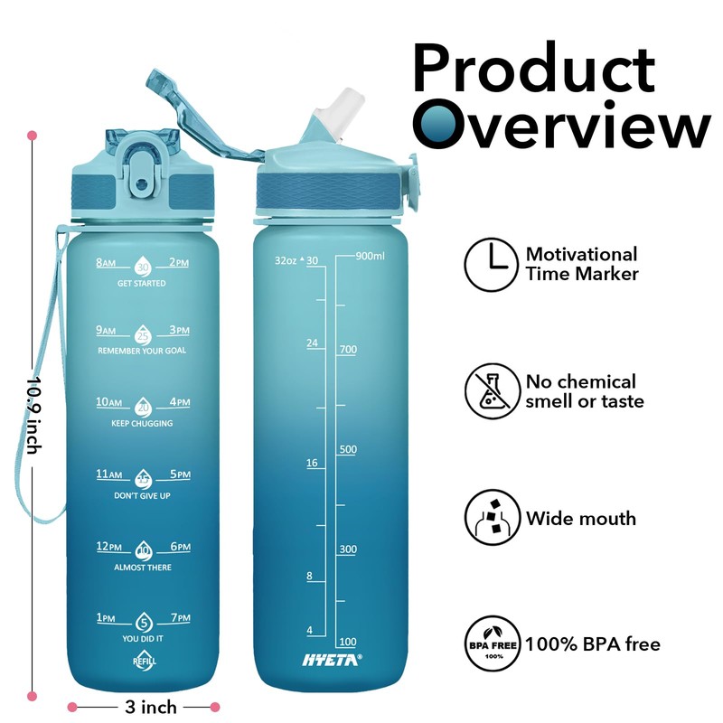 Hyeta 32oz Water Bottles with Straw - Stay Motivated and