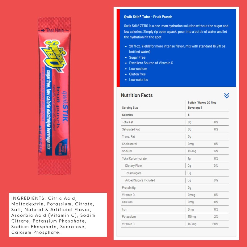 Sqwincher ZERO Qwik Stik - Sugar Free Electrolyte Powdered Beverage