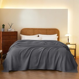 100% Cotton Waffle Blanket (Charcoal - Queen Size - 90 * 90''), Pre-Washed and Anti-Shrinkage Soft Lightweight Bed & Couch Blanket, 380 GSM Waffle Weave Throw Blanket for All Seasons