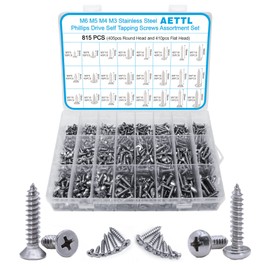 815pcs M6 M5 M4 M3 Wood Screws Assortment Kit, Metric Stainless Steel Assorted Self Tapping Screws Set Truss Flat Pan Head Phillips Drive Drilling for Deck Drywall Concrete Sheet Metal