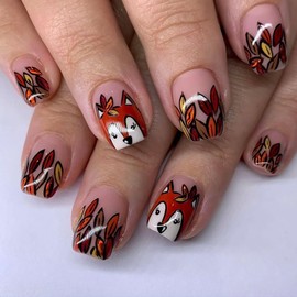 Fall Press on Nails Short Square Fake Nails with Design Fox Glue on Nails Autumn Leaves Stick on Nail Artificial Thanksgiving Nail Glossy False Nail Full Cover Reusable for Women Manicure 24Pcs