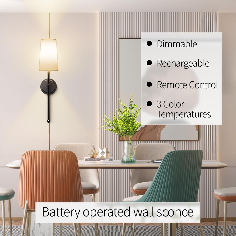Aipsun 2 Packs Black Battery Operated Wall Sconce, Modern Rechargeable