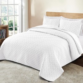 Exclusivo Mezcla Soft Quilt Set King Size, 3 Pieces Lightweight Quilts White Bedspreads Coverlets Bedding Set for All Seasons, Weave Pattern