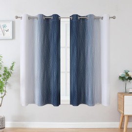 VEHEDE Navy Blue and Greyish White Gradient Blackout Curtains 54 Inch Drop for Bedroom, Wave Stripe Thermal Insulated Printed Ombre Room Darkening Drapes for Living Room, W42 x L54 Inch, 2 Panels