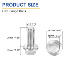 sourcing map 6Pcs M12 x 30mm Hex Serrated Flange Bolts Screws, 304 Stainless Steel Flanged Hex Head Bolts Flange Hexagon Screws for Households, Machine Tools, and DIY project, Silver