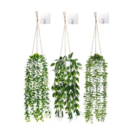 WOODWORD Hanging Fake Plants with Pot Set of 3 Artificial Hanging Plants for Bathroom Living Room Kitchen Balcony Home Office Decor Around TV Decorations(3pcs Hooks Included)