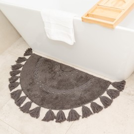 BIEN Beau Half Circle Boho Rug with Tassels for Your Bathroom - Beautifully Handcrafted with Crochet Insert - Soft 100% Cotton - Non-Slip Bohemian Bedroom Bath Mat Decor - Charcoal Grey 42x22