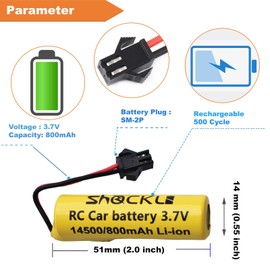 funkawa Remote Control RC Car Battery, Shockli 3.7V Li-ion 800mAh Rechargeable Battery [ SM-2P Plug ] with USB Charger Cable for RC Trucks RC car E35 DE38 DE40 DE50 TB202-(1 Pack)