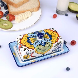 NAGU Hand Drawn Ceramic Butter Dish with Lid, Farmhouse Butter Plate Tray with Cover, Vintage Cheese Container Holder for Kitchen Countertop, Decorative Colored Country Style Home Butter Keeper Saver