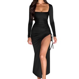 LAGSHIAN Women's Sexy Bodycon Cocktail Square Neck Long Sleeve High Split Ruched Midi Party Dress Black