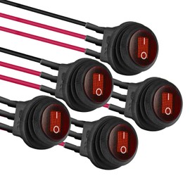 APIELE Waterproof Round Rocker Toggle Switch 20CM Pre-Wired 2 Position DC 12V 20A ON-Off with LED Light SPST 3 Pins 5Pcs KCD1-8-101NW-Wired (Red)