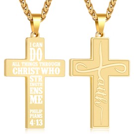 Gnamy Faith Cross Necklace for Men Male Him Teen Teenage Teenager Boys Kids, Stainless Steel Cross Pendant Chain Jewelry, Bible Verse Inspirational Christian Religious Gifts, Gold Philippians 4:13