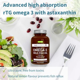 Omega-3 Wild Fish Oil & Astaxanthin, The Most Advanced High Absorption rTG Omega-3, EPA & DHA 1000mg, Ultra Pure; Free from Environmental Toxins, Lemon Flavour, 180 Softgels, by Igennus