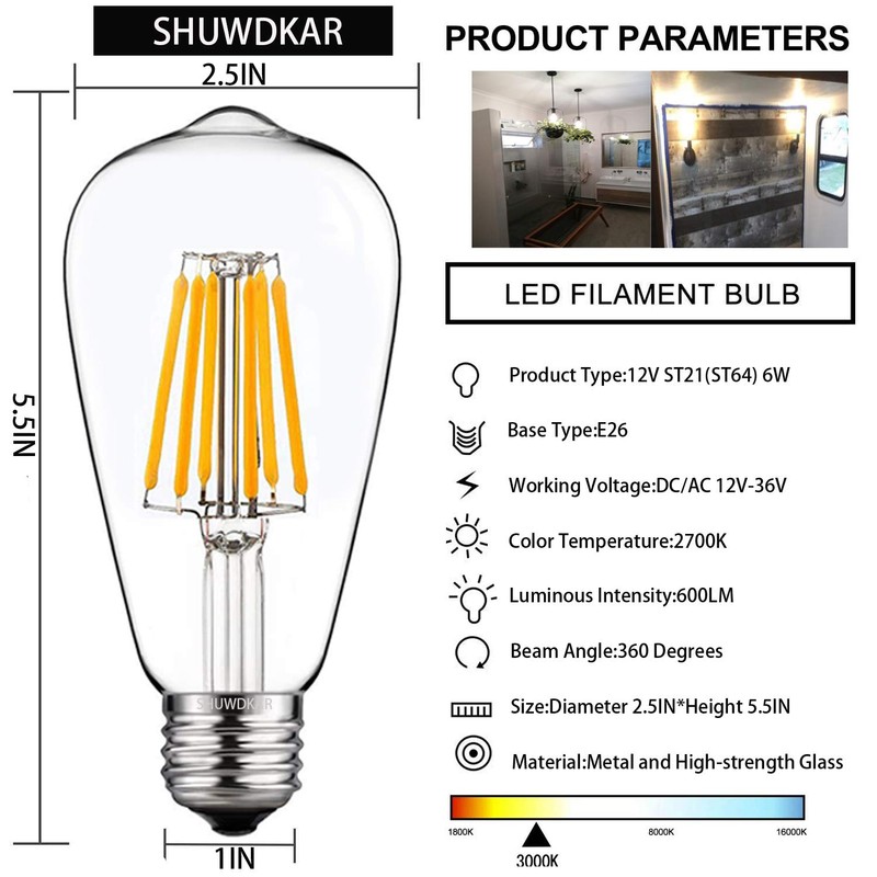 SHUWDKAR LED Light Bulbs DC 12V 6W E26 ST64 Low