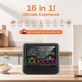 16-in-1 Professional Indoor Air Quality Monitor Indoor PM2.5/PM10/CO2,Temperature,Formaldehyde Detector,Humidity TVOC,Time Display with 7 AQI Beep Alarms Air Quality Tester,for Home&Office (Jet black)